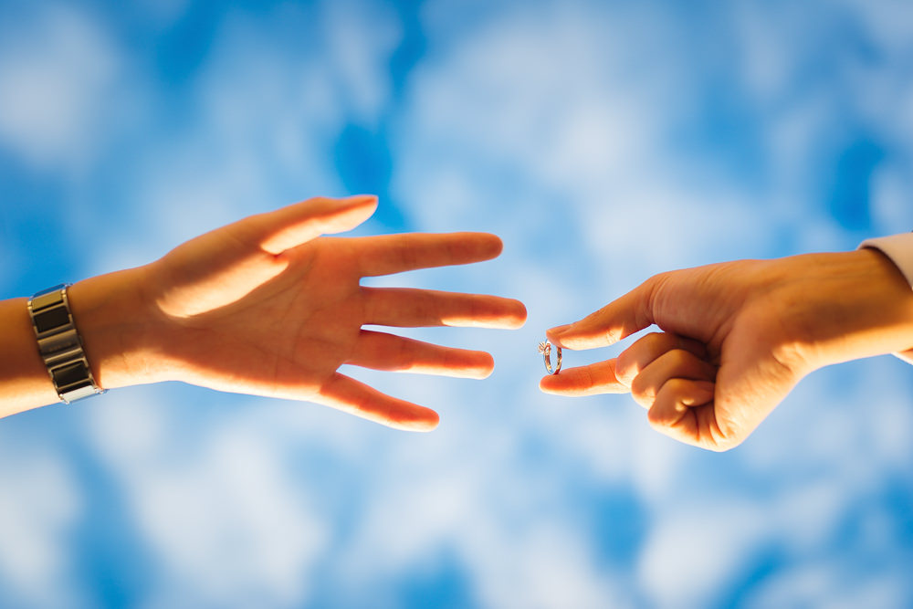 Close-up photo os the hands of a couple exchanging rings